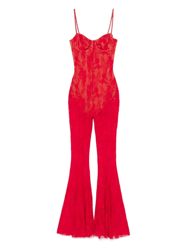 Red Lace Flared Jumpsuit with Corset Bodice