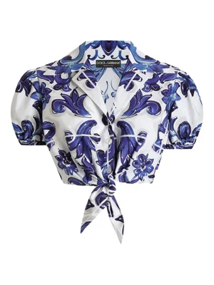 Blue & White Floral Puff-Sleeve Blouse