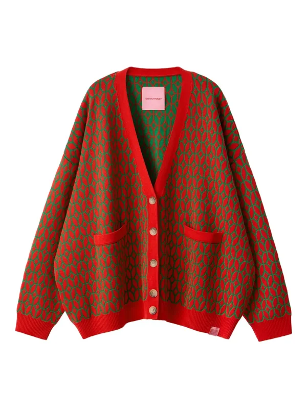 Oversized Red & Green Geometric Knit Cardigan additional