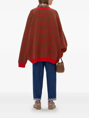 Oversized Red & Green Geometric Knit Cardigan