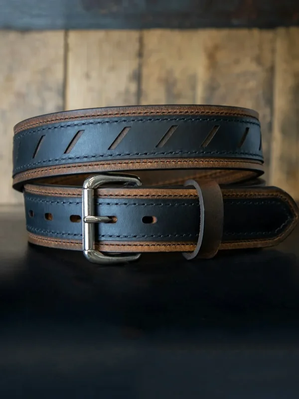 Two-Tone Leather Belt with Diagonal Slits