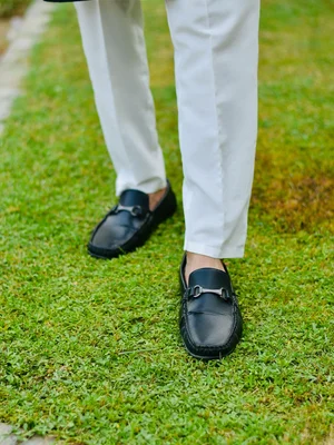 Black Textured Loafers with Metal Buckle