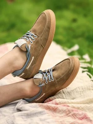 Tan Suede Boat Shoes with Blue Accents